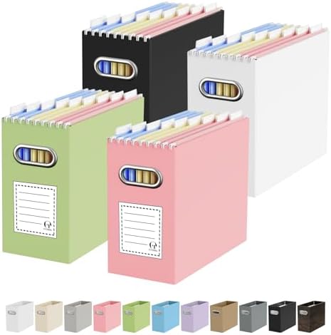 Oterri Portable Collapsible Cardboard File Box with Handle for Letter-Size | 4-Pack. Stainless Steel Handle. Label Stickers Included. Fits Letter Folders (Not Included). Home, Office, School, Dorm, Tax.
