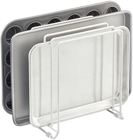 mDesign X-Large Steel Storage Tray Organizer Rack for Kitchen Cabinet - Divided Holder with 5 Slots for Skillets, Frying Pan, Pot Lids, Cutting Board, Baking Sheets - Concerto Collection - White