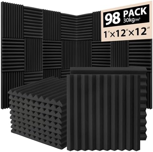 98 Pack Acoustic Foam Panels, 1" x 12"x 12" Sound Proof Foam Panels For Wall Fire Resistant, Noise Cancelling Dampening Sound Absorbing Black Wedge Panels For Studio Recording & Office & Home
