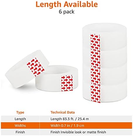 Amazon Basics Matte Finish Tape, 6 Pack, 3/4" Width x 1000" (27.8 yds) Length, Translucent