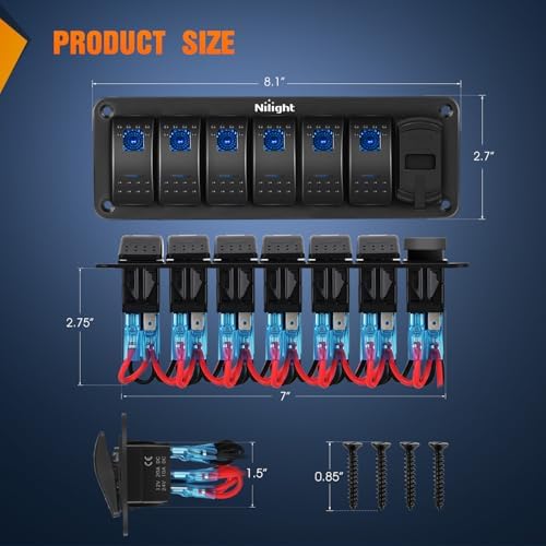 Nilight 6 Gang Rocker Switch Panel with PD Type C and USB Charger Voltmeter
