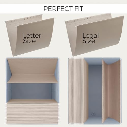 Decorative File Organizer Box Set of 2 - Collapsible Linen Filing Cabinets | Stores Documents and Hanging File Folders - Portable Office Crates with Lid and Handles for Easy Slide Access