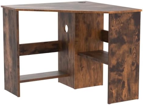 COSTWAY Corner Computer Desk, Space-Saving Triangular Writing Desk w/ 2 Storage Shelves & 2 Cable Holes, Multi-Functional Console Table for Small Space in Home Office, Living Room, Bedroom (Coffee)