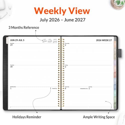 SUNEE 2026-2027 Weekly & Monthly Planner 9"x11.2" - 12 Month (July 2026 - June 2027), Vegan Leather Cover Planner Academic Year Calendar, Pocket, Notes, Monthly Tab, Black