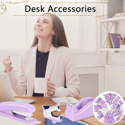 Office Supplies,Purple Desk Accessories,Stapler and Tape Dispenser Set for Women with Stapler,Tape Dispenser,Staple Remover,Staples,Clips,Scissors and Tabs,Gift for Student,Teacher,Coworkers,Business