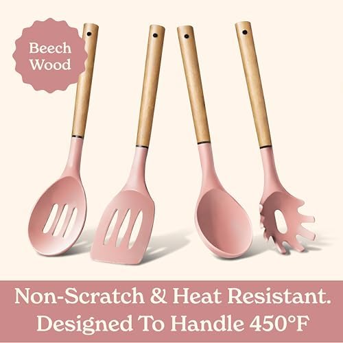 Country Kitchen Non Stick Silicone Utensil Set with Rounded Wood Handles for Cooking and Baking, 8 Piece Set, Pink