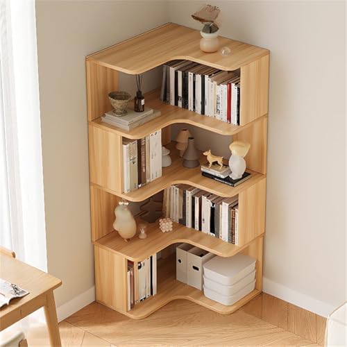 Vertical Wall Corner Shelf with Open Back 5-Shelf Wood Corner Bookshelf Floor Book Rack Multi-Layer Storage Shelf Against the Wall Bookcase Light Walnut 23.6" L x 23.6" W x 50.4" H