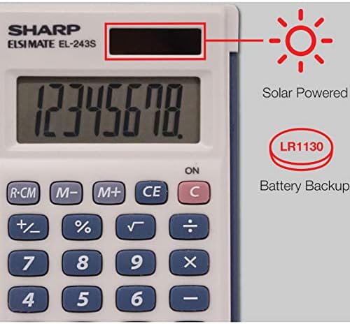 Sharp 8-Digit Pocket Calculator, LCD Display with Hinged Hard Cover, Dual-Power Handheld Simple Calculator, 2.5 x 4.5-Inches, Gray and Blue (EL-243SB)