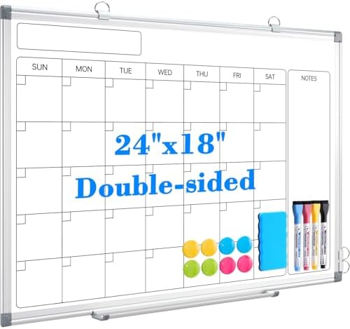 WALGLASS Calendar Whiteboard 24x18 Double-Sided Dry Erase Board for Wall