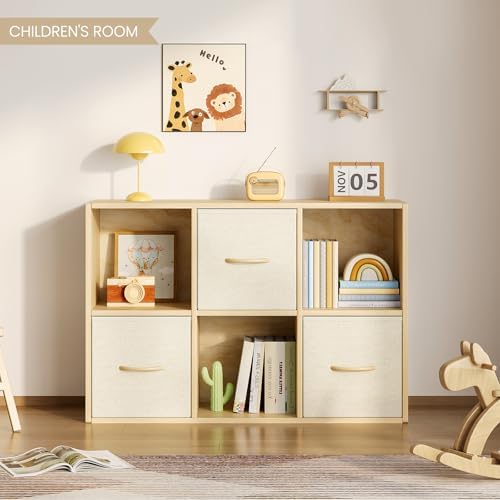 EXPERLAM 6 Cube Storage Organizer - Solid Wood Bookshelf with 3 Storage Bins, Cube Shelf with 2 Removable Back Panels, Vertical or Horizontal Bookcase, Open Book Shelf for Bedroom, Living Room, Office