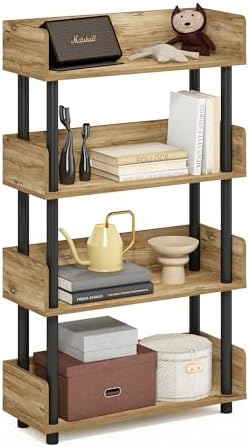 Furinno Turn-N-Tube 4-Tier Oak Storage Shelves with Side Panels, Book Shelf, Display Shelf, for Organization and Storage, Living Room, Home Office, Brown Oak