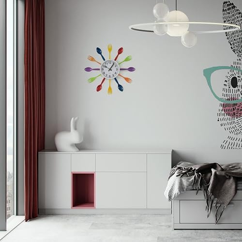 Clockswise Bulk Set of 10PC 14" Oversized Decorative 3D Cutlery Utensil Spoon and Fork Wall Clock, Multicolor Design for Vibrant Kitchen, Playroom, or Bedroom Decor, Battery-Operated Silent Sweep,