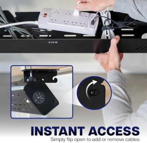 VIVO No Drill 35 inch Under-Desk Clamp-On Cable Management Box with Flip-Open Lid, Easy-to-Open Steel Cord and Power Strip Organizer, Cable Organizer Tray, 11 lbs Capacity, Black, DESK-ACMB35-C