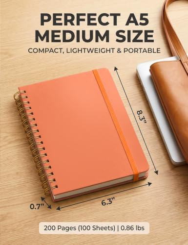 5 Pack Hardcover Spiral Notebooks, 8.3" x 6.3" Lined Journal Set, 100 GSM Bleed-Resistant Paper, 200 Pages Twin-Wire Bound Notebook with Elastic Band & Category Stickers for Office, School
