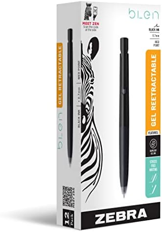 Zebra Pen bLen Black Retractable Gel Pen, Black Ink, 0.7mm, 12-Pack