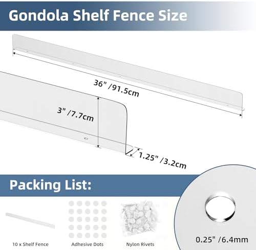Nalwort 10 Pcs Retail Gondola Shelving Front Fence, Clear PET Shelf Fence with 1/4" Holes and Screws, Front Lips Barrier for Retail Store Display Rack, 3" H x 36" L