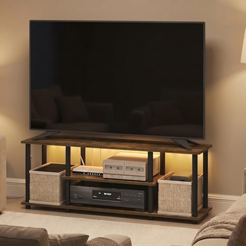 Furinno Turn-N-Tube 3-Tier No Tools TV Stand with LED Lights, Amber Pine | for TV up to 50 Inch, Open Frame Entertainment Center, TV Console for Living Room, Bedroom