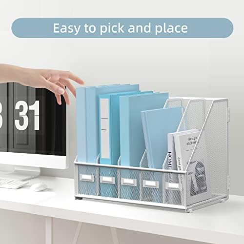 Desk Organizers Metal Desk Magazine File Holder with 5 Vertical Compartments Rack File Organizer for Office Desktop, Home Workspace, White (Pack of 2)