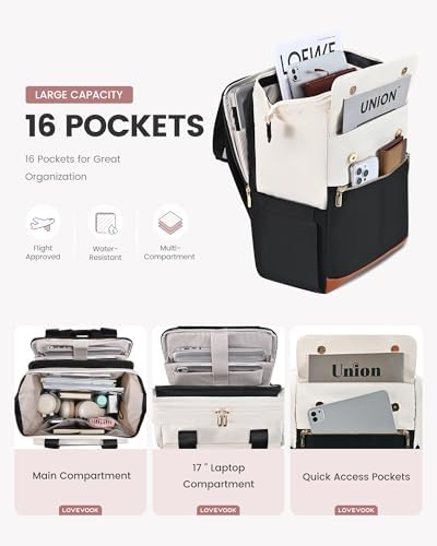 LOVEVOOK Laptop Backpack for Women with Giant Tumbler Holder, 15.6 Inch Work Laptop Bag with USB Port, Fashion Teacher Nurse Backpack Purse, Waterproof Travel Computer Backpack, 2PCS, Beige - Black