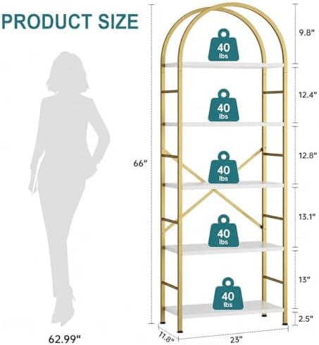 Shintenchi Bookshelf, Arched Bookshelf 5 Tier Bookcase Shelf for CDs/Books, Home Office Bookcase Shelf Storage Organizer, Modern Book Shelf for Bedroom/Living Room, Gold