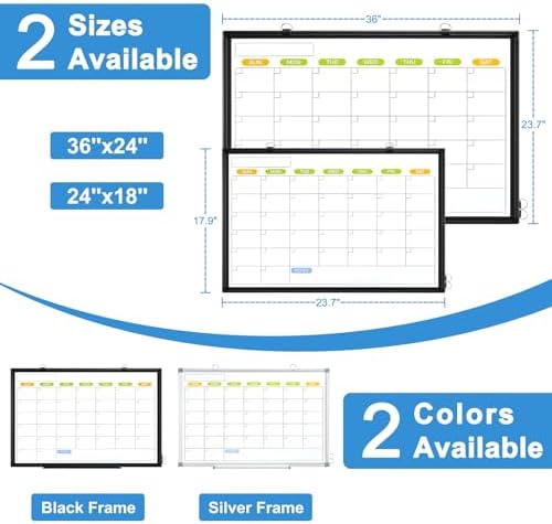 Dry Erase Calendar Whiteboard for Wall, 36" x 24" Monthly White Board
