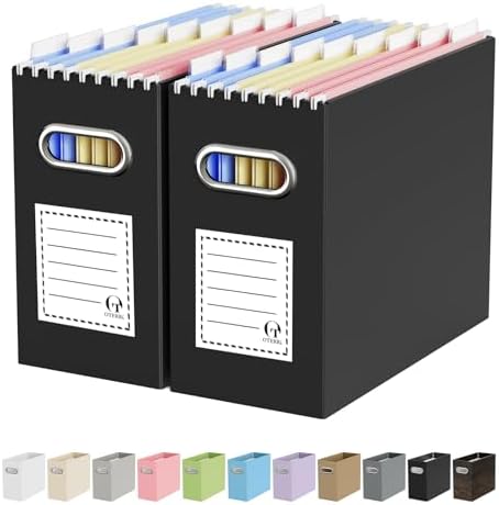 Oterri Portable Collapsible Cardboard File Box with Handle for Letter-Size | 2-Pack. Stainless Steel Handle. Label Stickers Included. Fits Letter Folders (Not Included). Home, Office, School, Dorm, Tax.