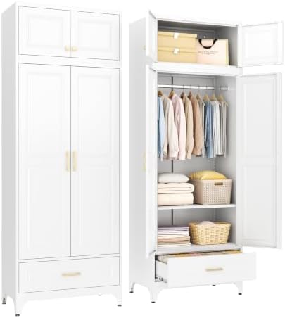 SteeLoong 86”H Metal Wardrobe Cabinet,Armoire Wardrobe Closet with Drawer