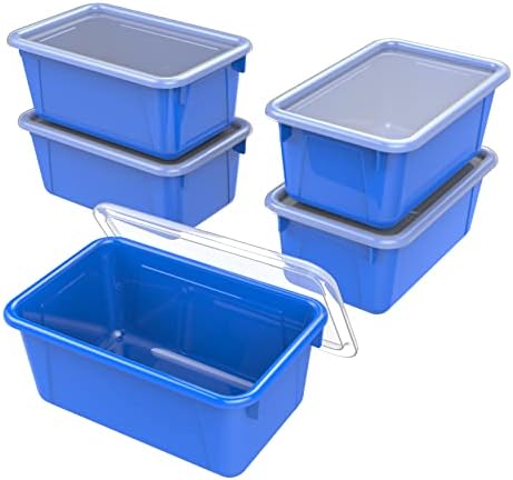 Storex Small Cubby Bins – Plastic Storage Containers for Classroom with Non-Snap Lid, 12.2 x 7.8 x 5.1 inches, Blue, 5-Pack (62408A05C)