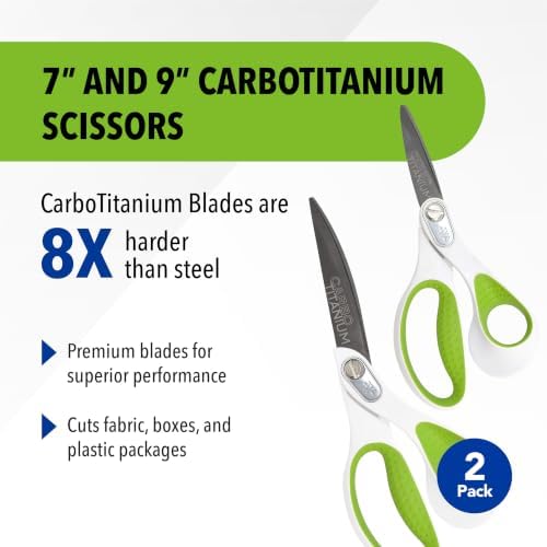 Westcott 7- and 9-Inch CarboTitanium Fabric Scissors for Fabric Cutting, Quilting, and Sewing Projects, White/Green, 2 Pack