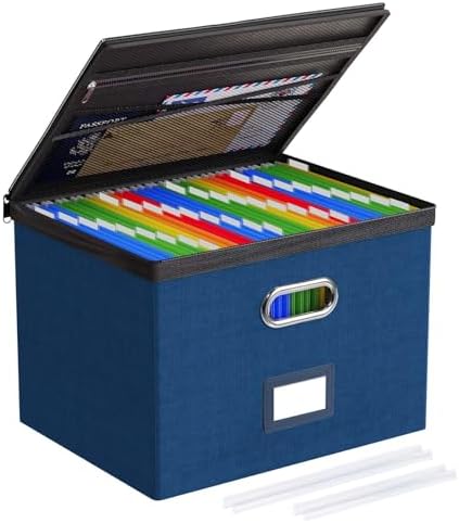 Oterri File Box Large 1-Pack Hanging Organizer for Letter/Legal-Size Folder | Dustproof Lid. 3 Mesh Pockets. Collapsible Scratch-Resistant GRS Linen. Slide Rails. Office, Home, Dorm