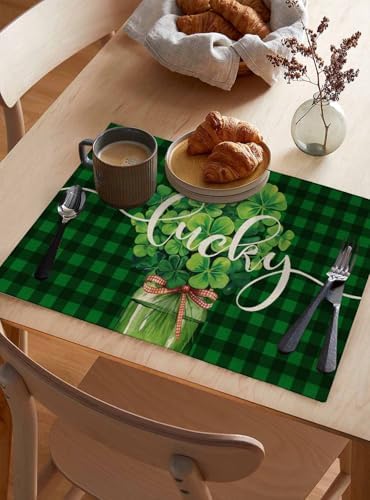 Shamrock Clover Green Buffalo Plaid Placemats Set of 4, Irish Spring Cotton Linen Table Mats Non-Slip Washable Dark Green Check Shamrock St. Patrick's Day Leaf Placemat for Dining Kitchen Table Decor