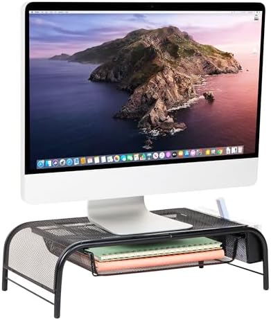 Mind Reader Monitor Stand, Ventilated Laptop Riser, Paper Tray, Storage, Office, Metal Mesh, 20"L x 11.5"W x 5.5"H, Black