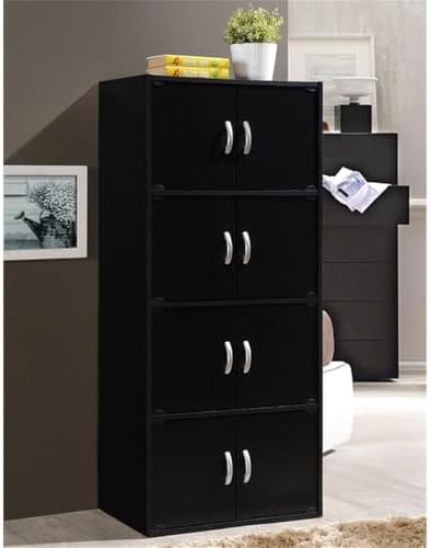 Pemberly Row 4 Shelf 8 Door Bookcase, 54.3 in H x 23.4 in W x 15.5 in D, Wood, Black Finish, Slim Multi-Purpose Organizer for Office, Bedroom, Living Room or Kids' Room