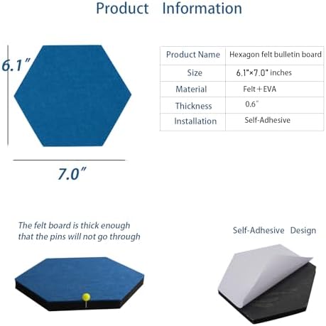 10Pcs Self Adhesive Felt Board Tiles Hexagon Bulletin Board for Walls, Felt Cork Pin Board for Pictures Photos Memos with Push Pins (Color E)
