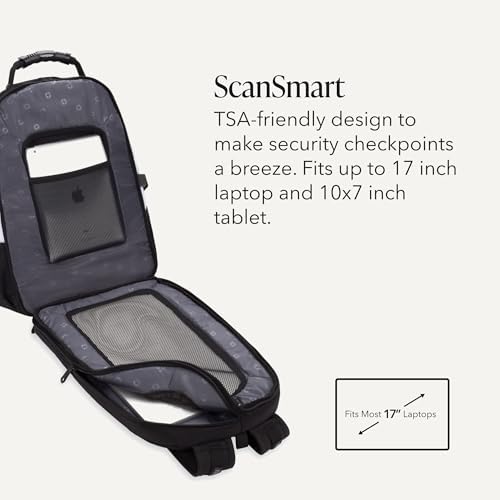 SWISSGEAR 1900 ScanSmart Laptop Backpack, Fits Most 17-Inch Laptops, TSA-Friendly Lay-Flat Design, RFID Protection, and Tablet Pocket, Black, 31L, 18.5-Inch