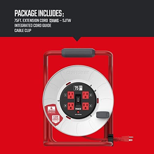 CRAFTSMAN 75 Ft. Contractor Retractable Cord Reel, 4 Grounded Outlets
