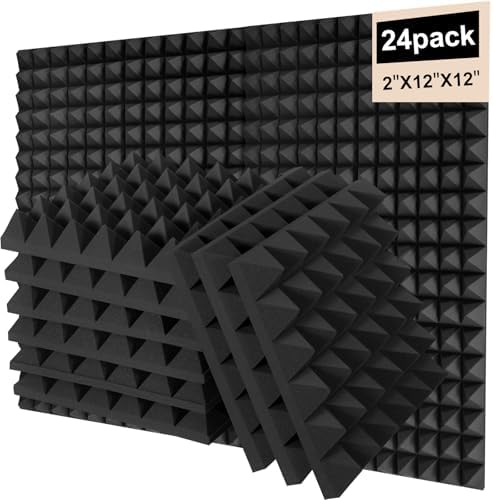 24 Pack Sound Proof Foam Panels for Walls, 2"X 12" X 12" Pyramid Designed Acoustic Foam Panels Sound Absorbing, Noise Cancelling Dampening Wall Panels for Studio Recording & Office & Home
