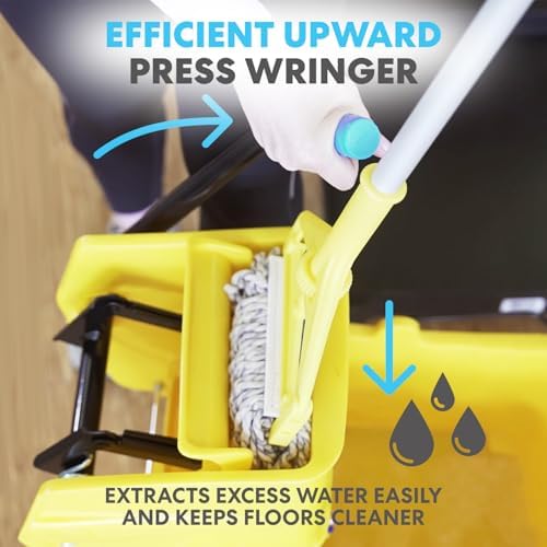 Simpli-Magic Side Press Wringer Combo Commercial Mop Bucket on Wheels, 35 Quart,Yellow, Including Wet Floor Caution Sign and Set, Polyethylene