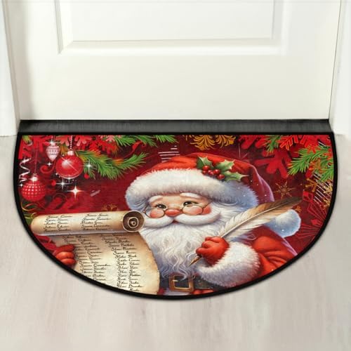 Christmas Santa Xmas Half Round Door Mat Non Slip Washable Semi Circle Area Rug Absorbent Soft Half Moon Rug Floor Mat for Indoor Outdoor Kitchen Bathroom Patio Front Door Mat Decor