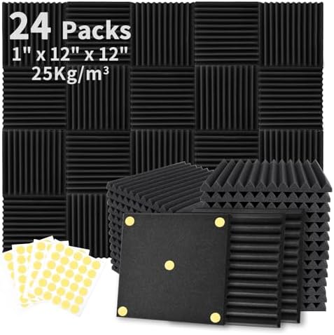Focusound 24 Pack Acoustic Foam Panels 1" x 12" x 12" Sound Proof Foam Panles Soundproofing Noise Cancelling Wedge Panels for Home Office Recoding Studio with 240PCS Double-Side Adhesive