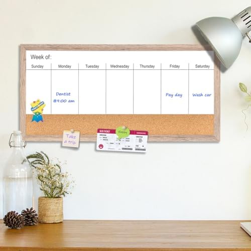 Magnetic Weekly Whiteboard and Cork Board, Brown Wood Frame, 24" x 12"