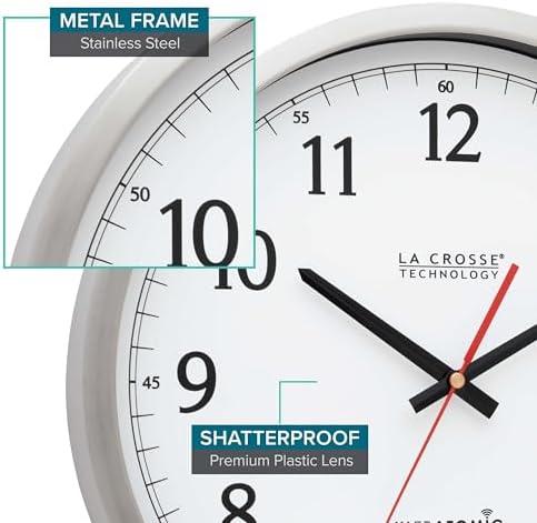 La Crosse Technology 404-1235UA-PL UltrAtomic 14 inch Stainless Steel Wall Clock, Shatterproof Lens, Silver