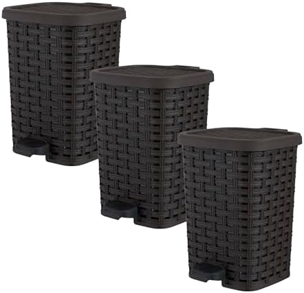 Superio Mini Trash Can with Foot Pedal Small Outdoor Garbage Can with Lid, 1.5 Gallon Plastic Waste Basket for Bathroom, Bedroom, Kitchen, Office, Patio (Wicker Brown 6 QT.), 3 Pack
