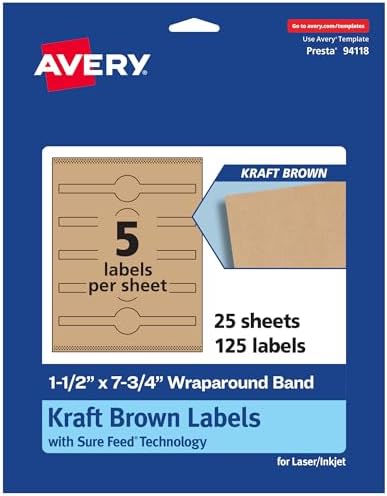 Avery Kraft Brown Wraparound Band Labels, Sure Feed Technology, 1.5" x 7.75", Cigar Band Labels, 125 Total, Print-To-The-Edge, Laser/Inkjet Printable