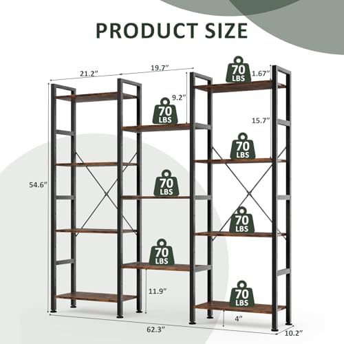 Triple Bookshelf, Free Standing Bookcase with Open Storage Shelves