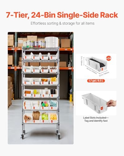 VEVOR 7-Tier Rolling Bin Storage Rack, 24 Small Bins, Bin Rack Storage Steel Wire Shelving System with Wheels, Mobile Tool Organizer for Garage, Warehouse, Office, Restaurant, Classroom, Kitchen