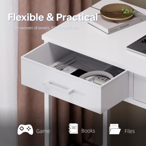 Pamray 47 Inch Small Computer Desk with 3 Drawers for Bedroom Study Writing Home Office Table for Small Spaces White
