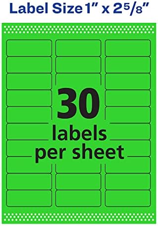 Avery Neon Green Address Labels, 1 x 2-5/8 inch | Printable | Sure Feed Technology | For Laser Printers | 750 Labels, Pack of 5