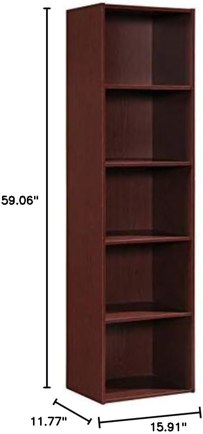 Pemberly Row 5-Shelf Wooden Bookcase, Mahogany Finish, Slim Multipurpose Storage Organizer, 59.06 in. H x 15.91 in. W x 11.77 in. D, Contemporary Design for Home Office, Bedroom, or Living Room Use