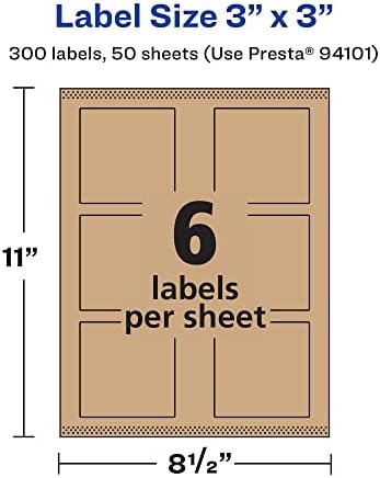 Avery® Kraft Brown Square Labels, Sure Feed® Technology, 3" x 3", 300 Kraft Brown Labels, Print-to-The-Edge, Laser/Inkjet Printable